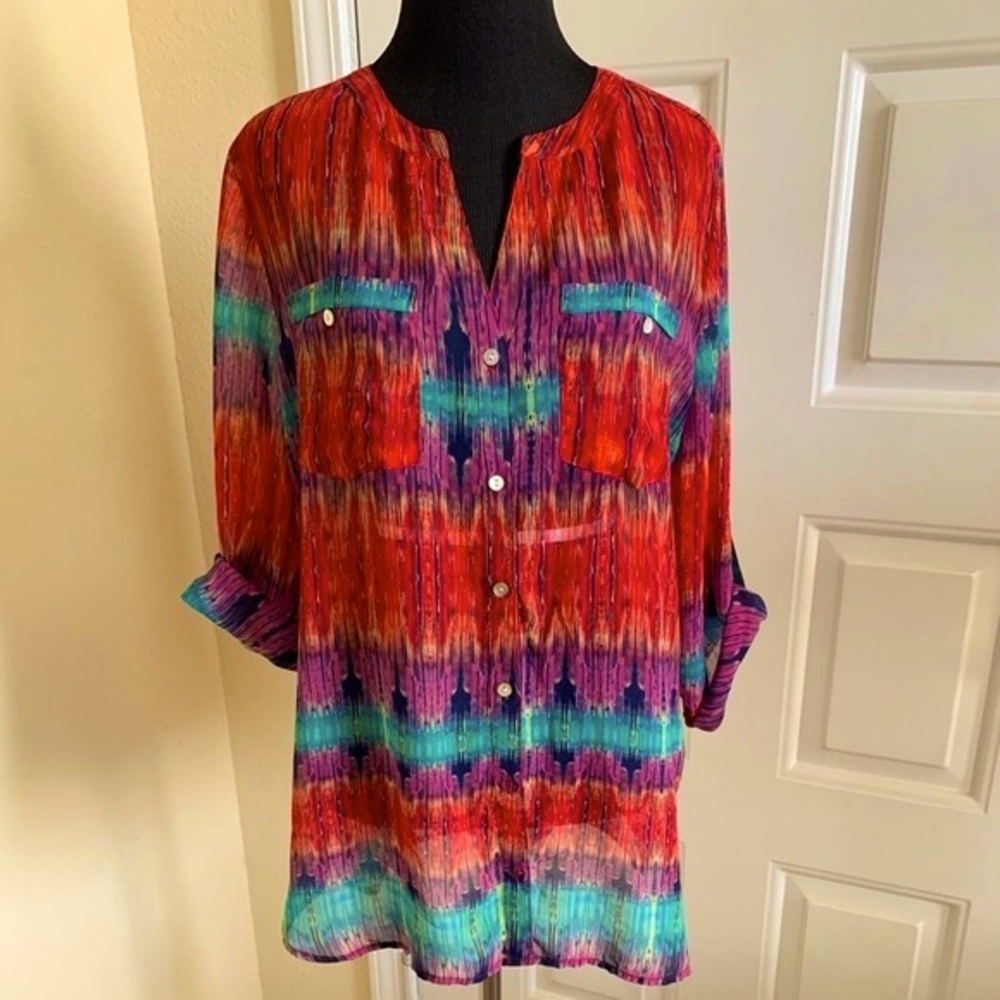 Orange Red Purple And Teal Sheer Long Sleeves Tunic Size M